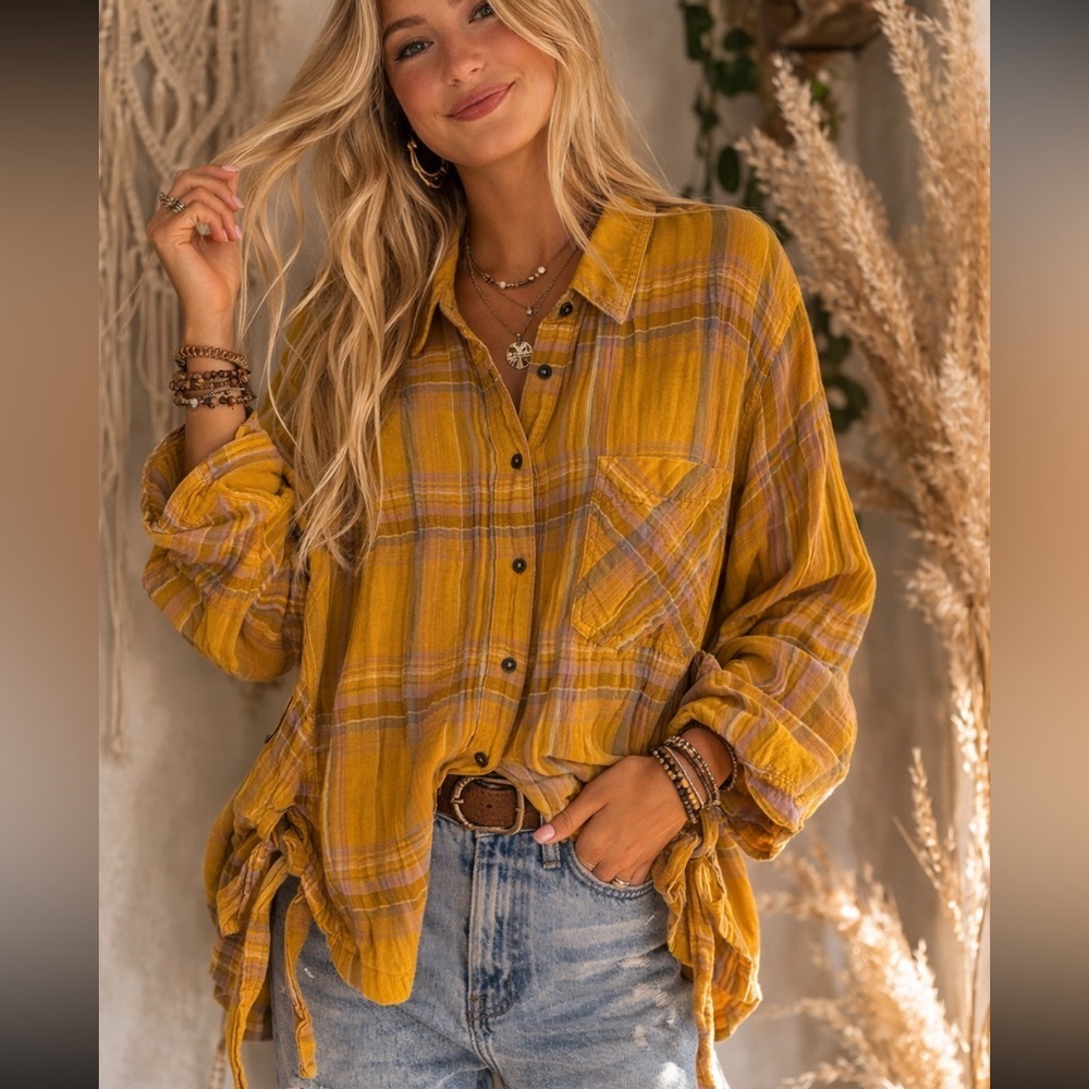 Free People Nordic Day Plaid lace up side button down Top 54258